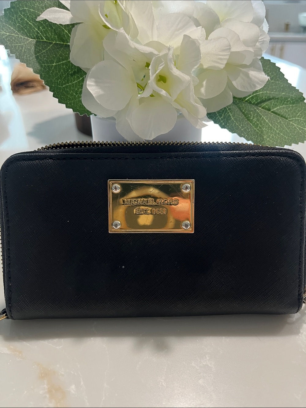 Michael Kors Black and Gold Zip-Around Card Wallet